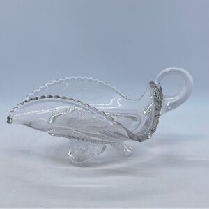 VTG US Glass Colorado Beaded Rim Lacey Medallion Footed Clear Dish Nappy EAPG